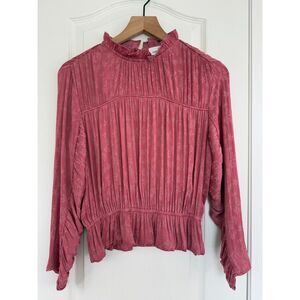 Three Pears Boutique Pink Ruffle Neck Piping Shirring Detail Blouse Women's S